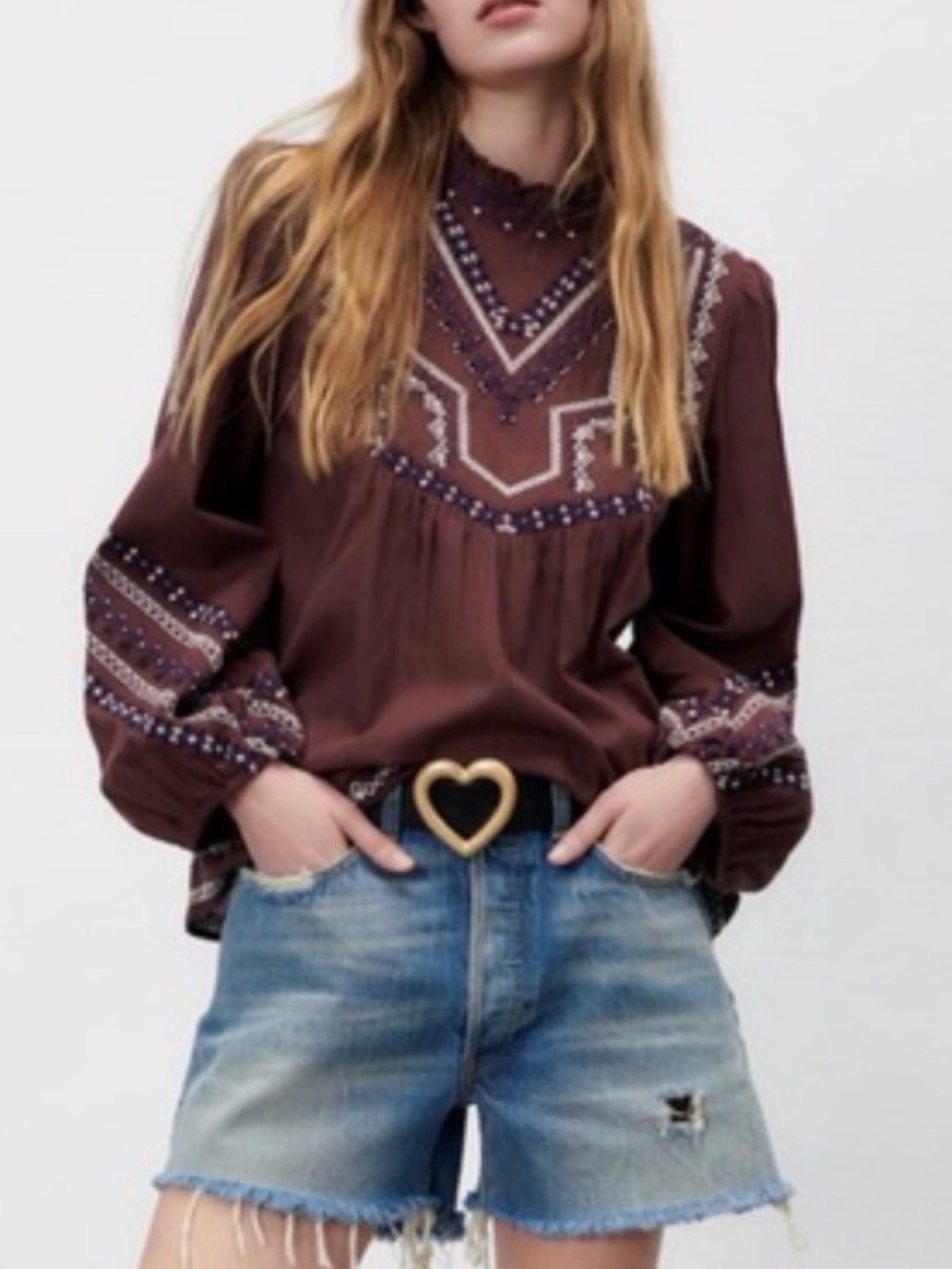 Zara Brown Embroidered Beaded Linen Blend Boho Blouse XS Balloon Sleeve